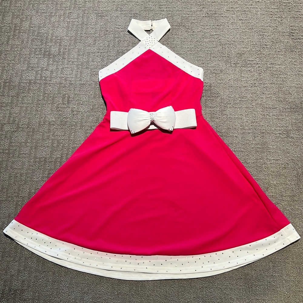 Hot pink dress, white trim with rhinestones